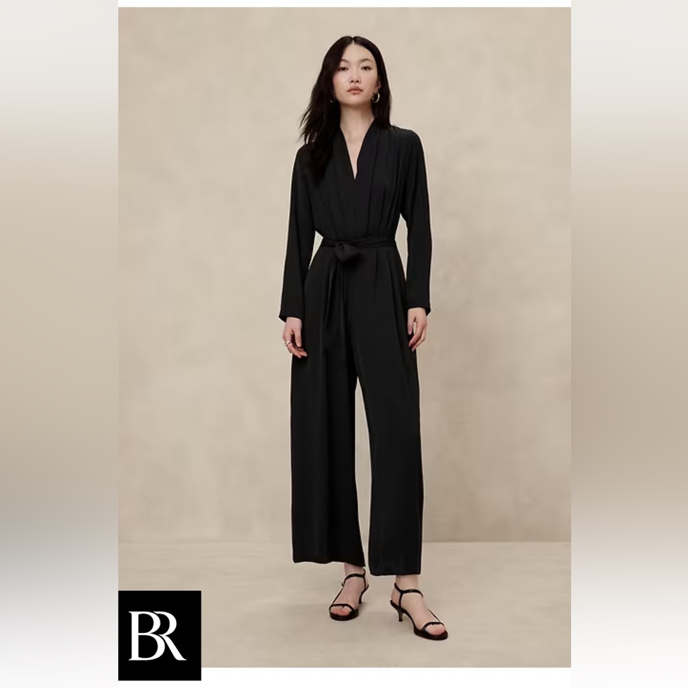 Banana Republic Classic Black Crepe Deep V-Neck Jumpsuit